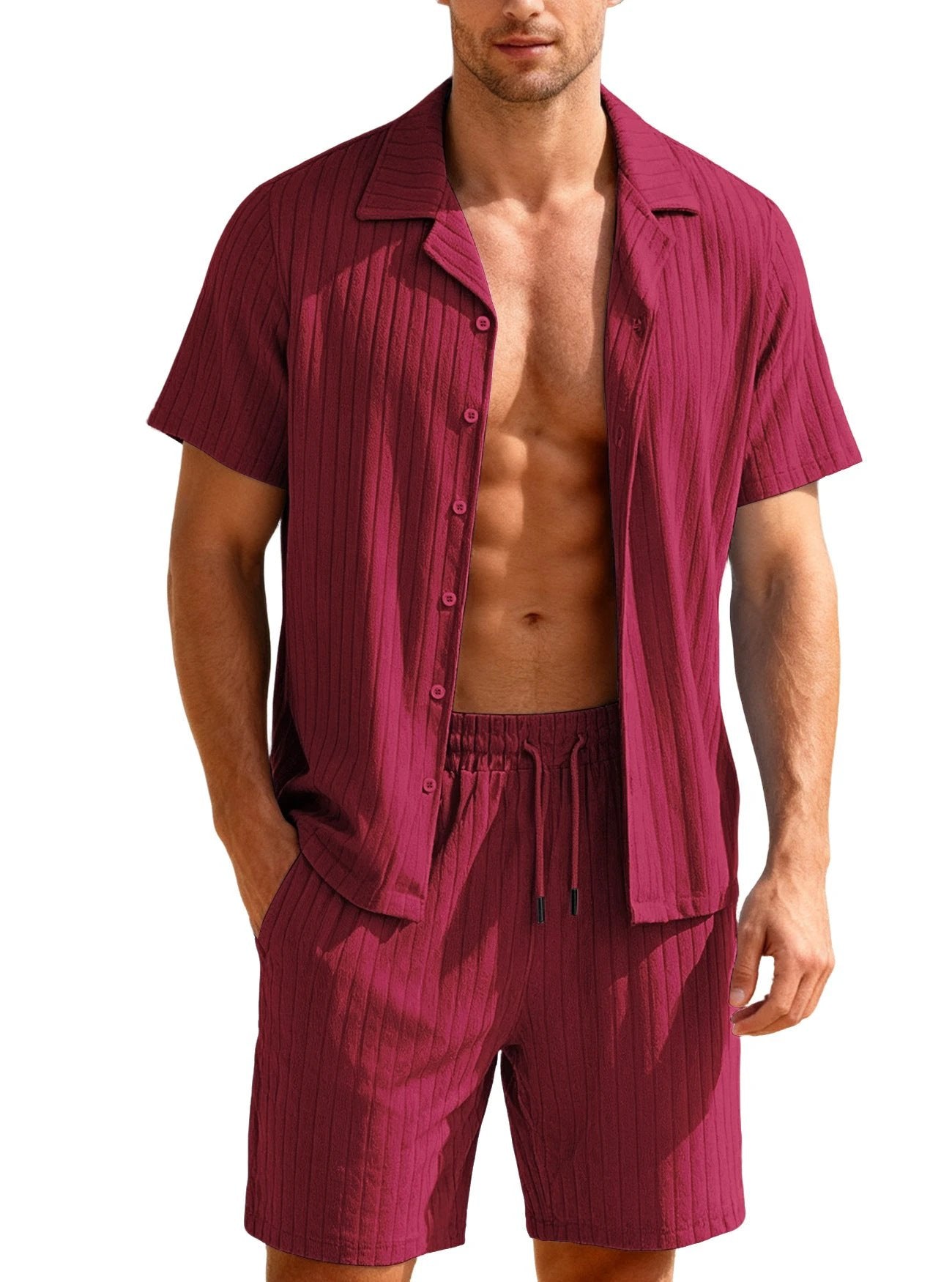 Men's Casual Button-Down Shirt And Shorts Set by GJG Denim