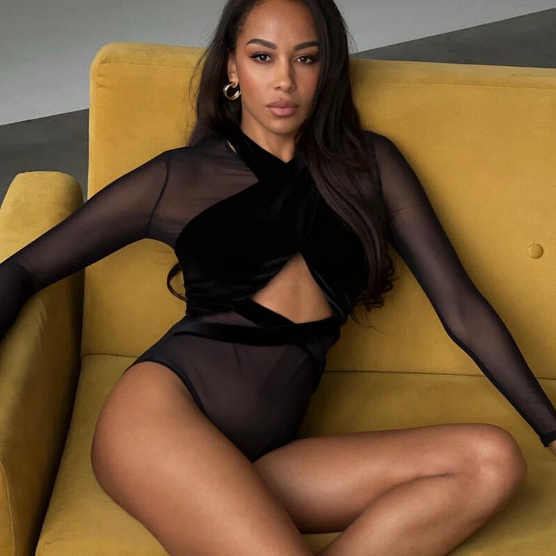 Mesh Velvet Stitching Sexy Hollow-out Tight Long Sleeve Hip Training Pants by GJG Denim