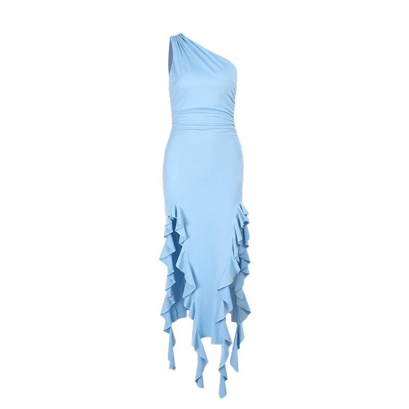Oblique Shoulder Ruffles Split Sling Dress by GJG Denim
