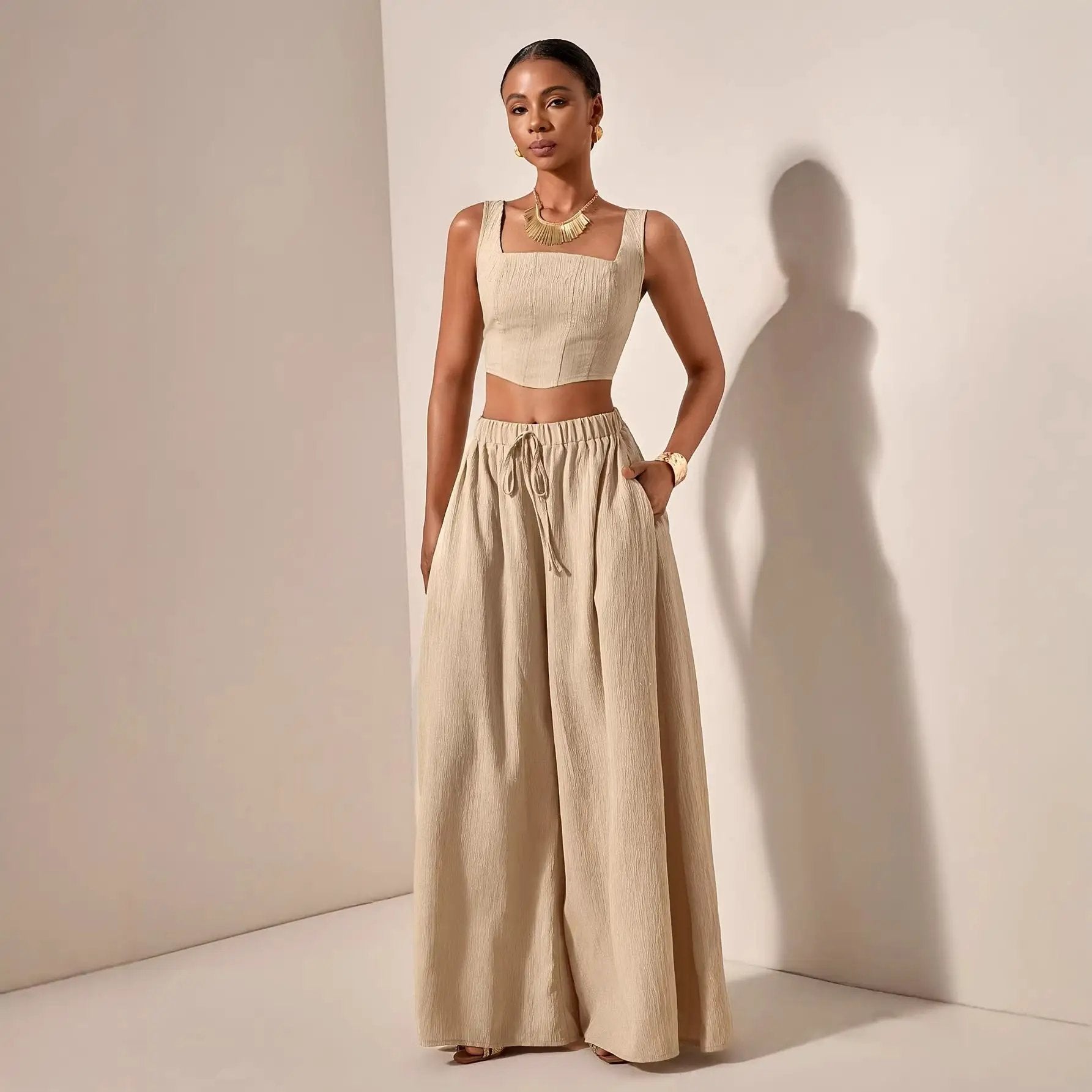 Vacation-Ready Fishbone Strap Top And Wide-Leg Pants With Pockets 2-Piece Set by GJG Denim