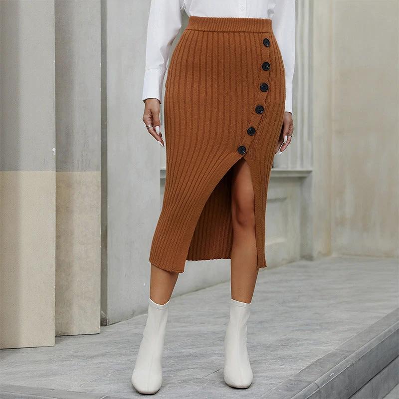 Casual Elegant Button Knitted Slit Commuter Skirt by GJG Denim