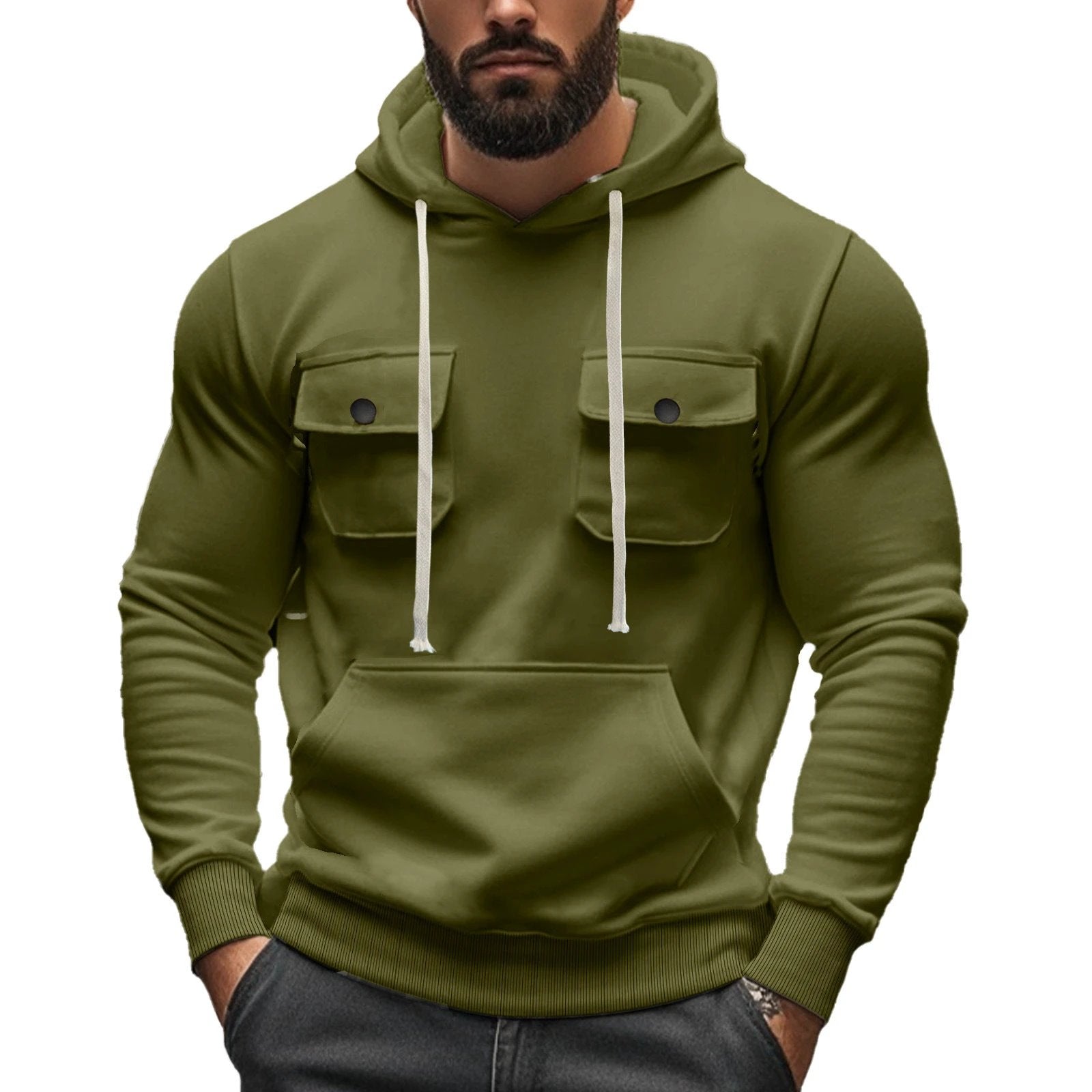 Men's Multi-pocket Long Sleeve Solid Color Hoodies by GJG Denim