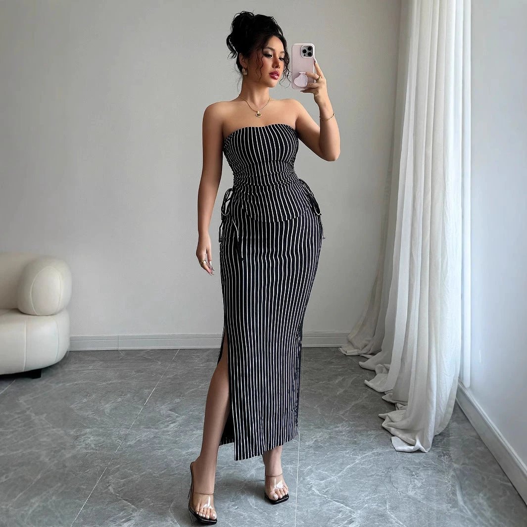 Women's Casual Striped Strapless Tube Top And Sheath Skirt Set by GJG Denim