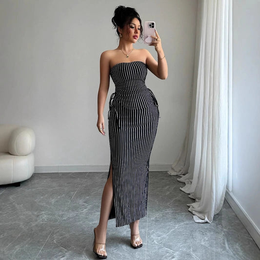 Women's Casual Striped Strapless Tube Top And Sheath Skirt Set by GJG Denim
