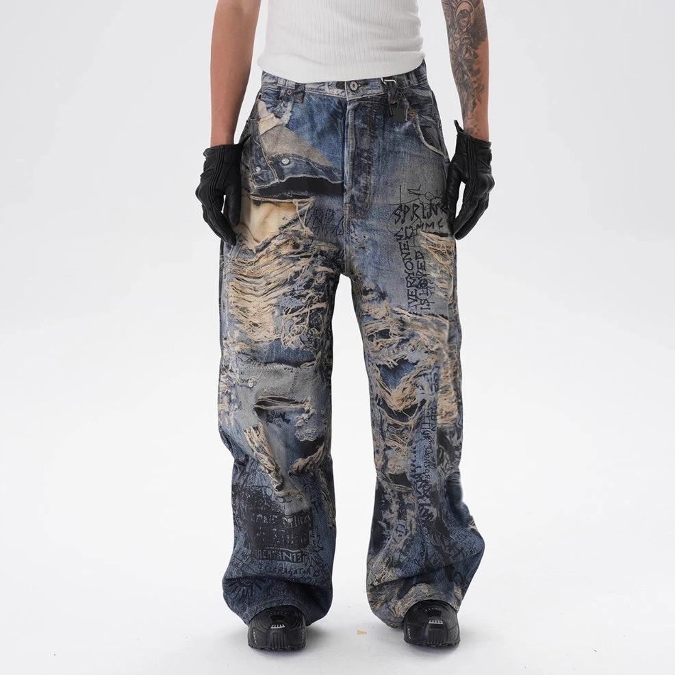 Men's Ripped Graffiti Straight Jeans by GJG Denim