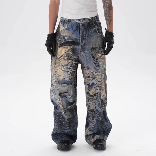 Men's Ripped Graffiti Straight Jeans by GJG Denim