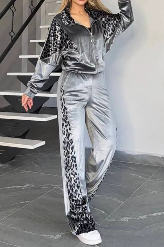 Full Size Collared Neck Leopard Zip Up Top and Pants Set Plus Size by Lady Ros
