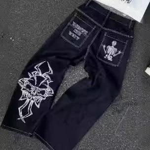 Embroidered Skull Cotton Casual Pants Men's Straight-leg Pants by GJG Denim