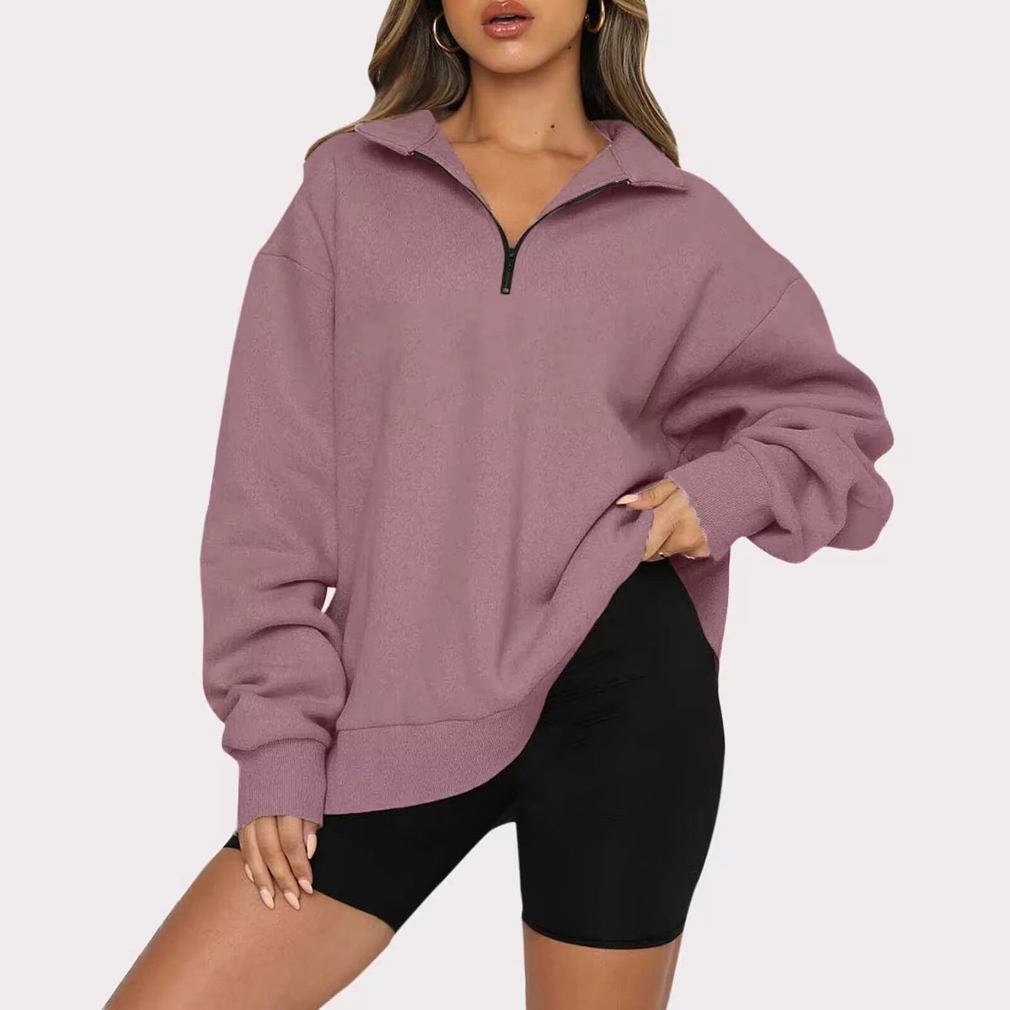 Women Sweatshirts Zip Turndown Collar Loose Casual Tops Clothes by GJG Denim