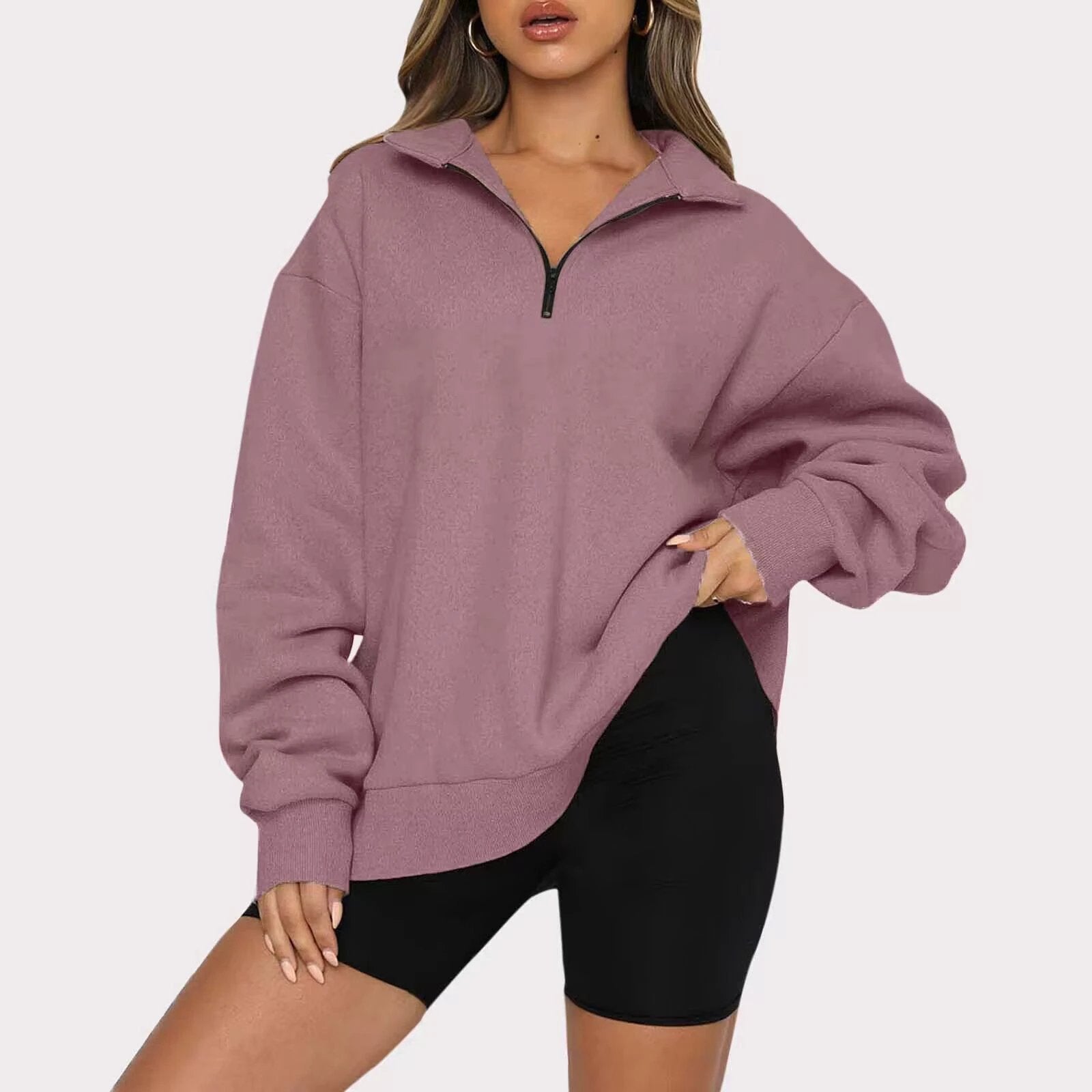 Women Sweatshirts Zip Turndown Collar Loose Casual Tops Clothes by GJG Denim