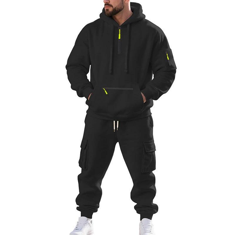 Men's Loose Sports And Leisure Suit Sweater Fleece-lined Hoodie Set Zipper Multi-Pocket Pullover Men's Sports Casual Top Two-piece Set by GJG Denim