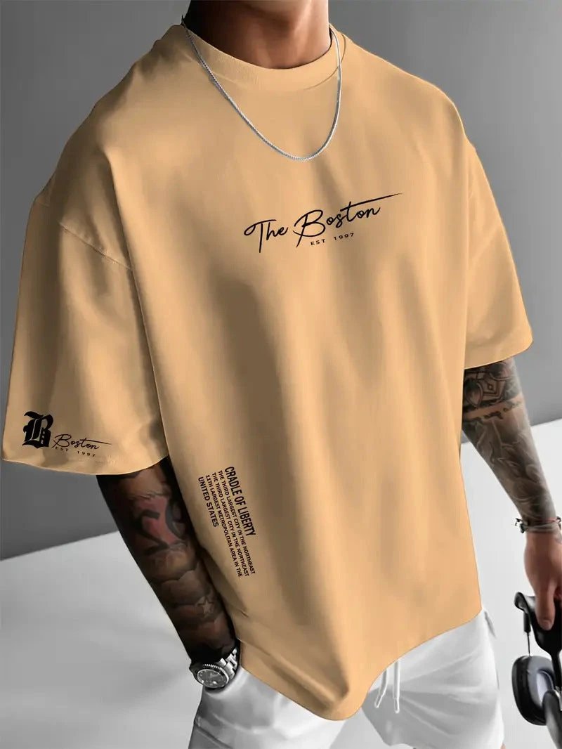 New Men's Round Neck Loose Casual Letter Short Sleeve by GJG Denim