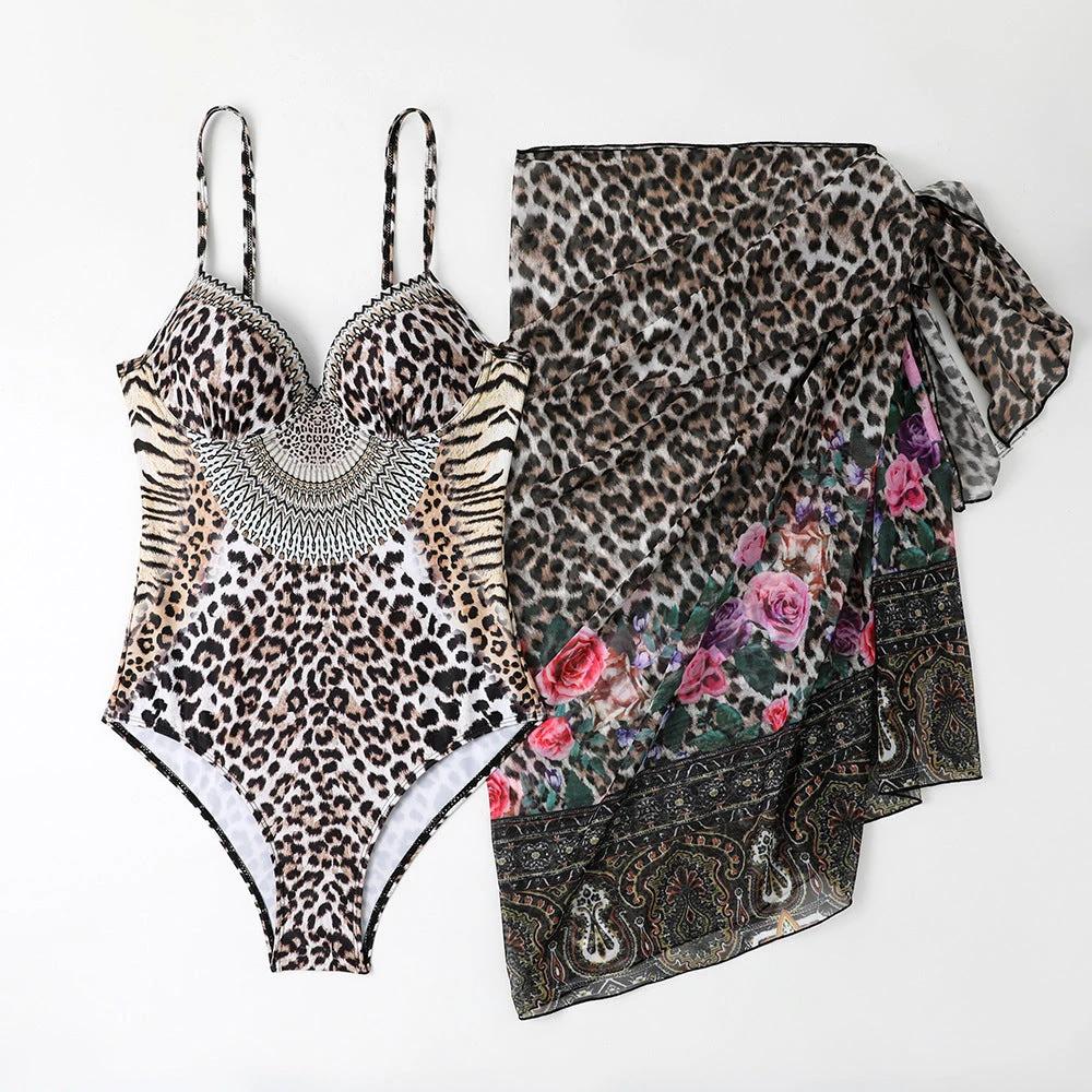 Leopard Print Casual One-piece Swimsuit Mesh Long Cover up by GJG Denim