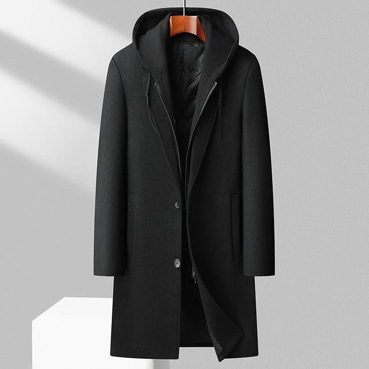 Men's Detachable Hooded Mid-length Woolen Trench Coat by GJG Denim