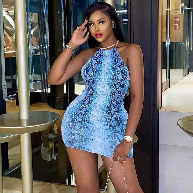 Street Trendy Pullover Snake Print Neck Wrap Hip Short Dress by GJG Denim