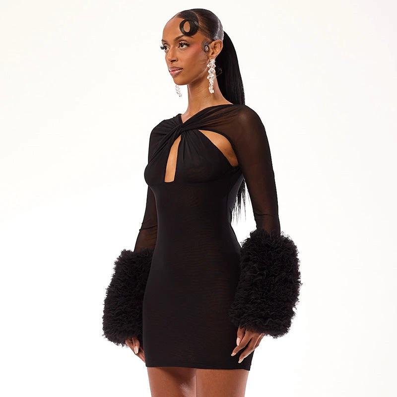 Mesh Cross Hollow-out Long Sleeve Plush Sleeve Slim-fit Sheath Dress by GJG Denim
