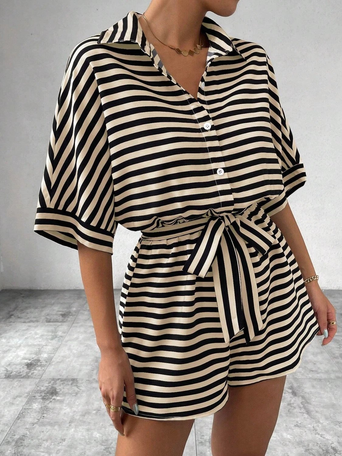 Tie Waist Half Button Striped Romper by VYSN