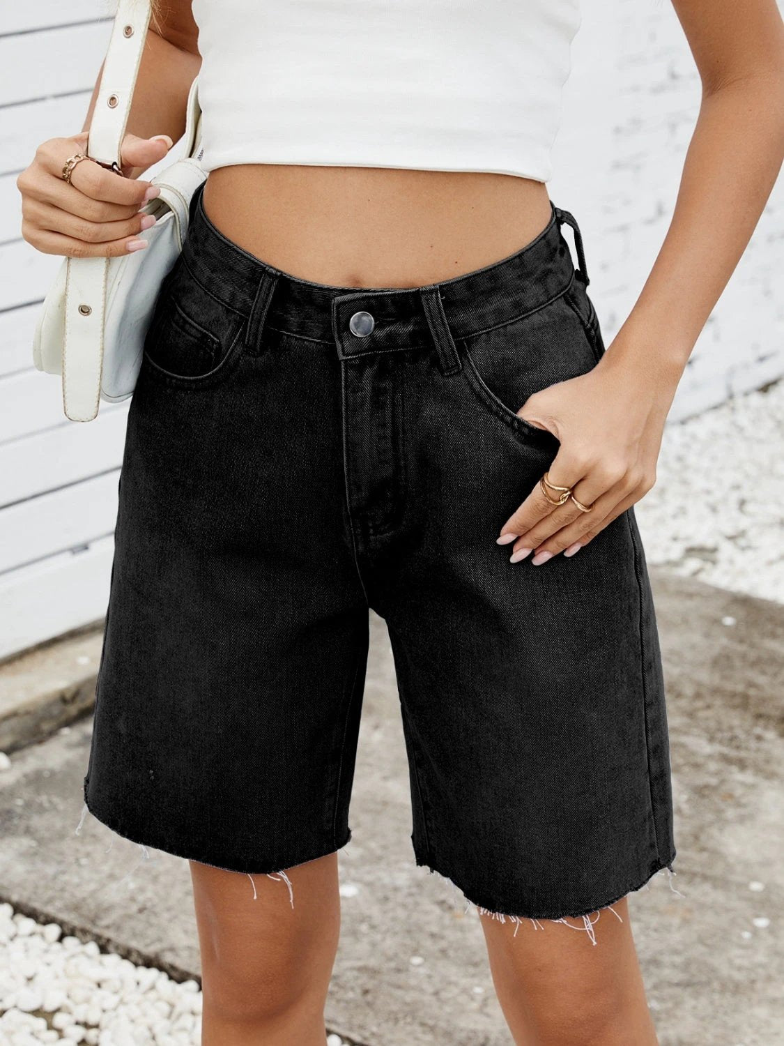 Washed Raw Hem Denim Shorts by Lady Ros