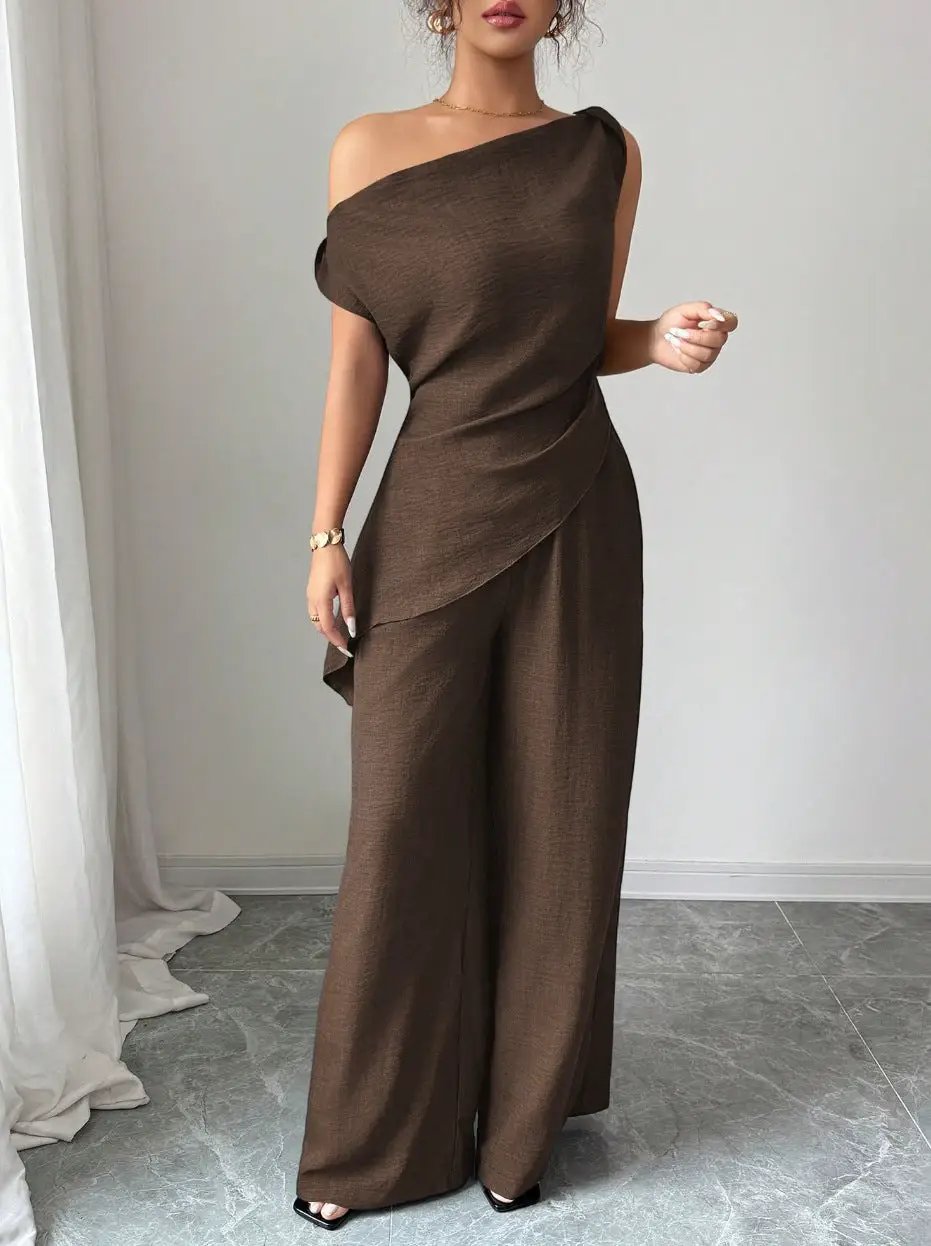 Solid-color Wide-leg Pants Suit For Women by GJG Denim