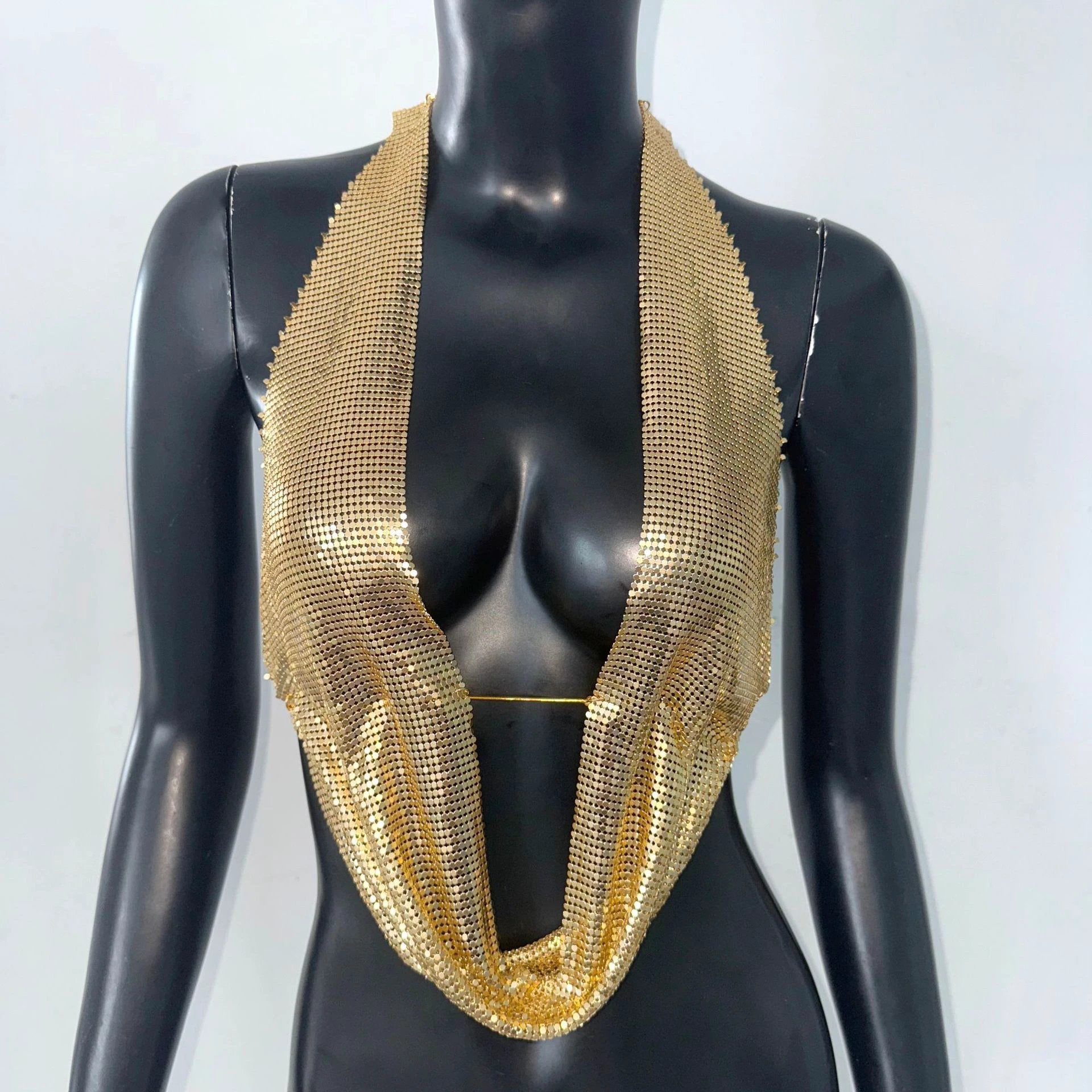 Sequined Top Metal Vest Halterneck With Suspenders by GJG Denim