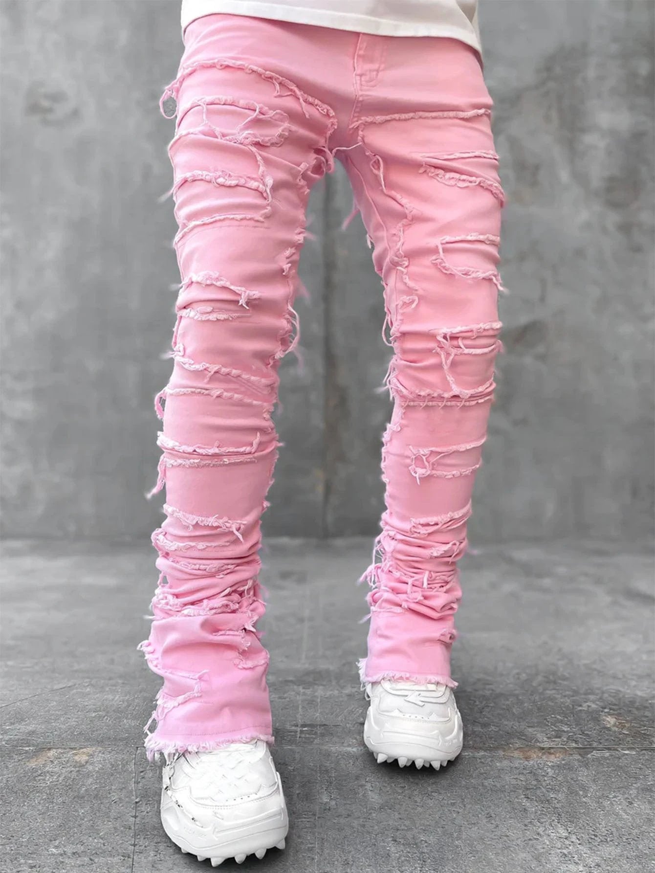 Men's Individual Patched Pants Long Tight Fit Stacked Jeans by GJG Denim
