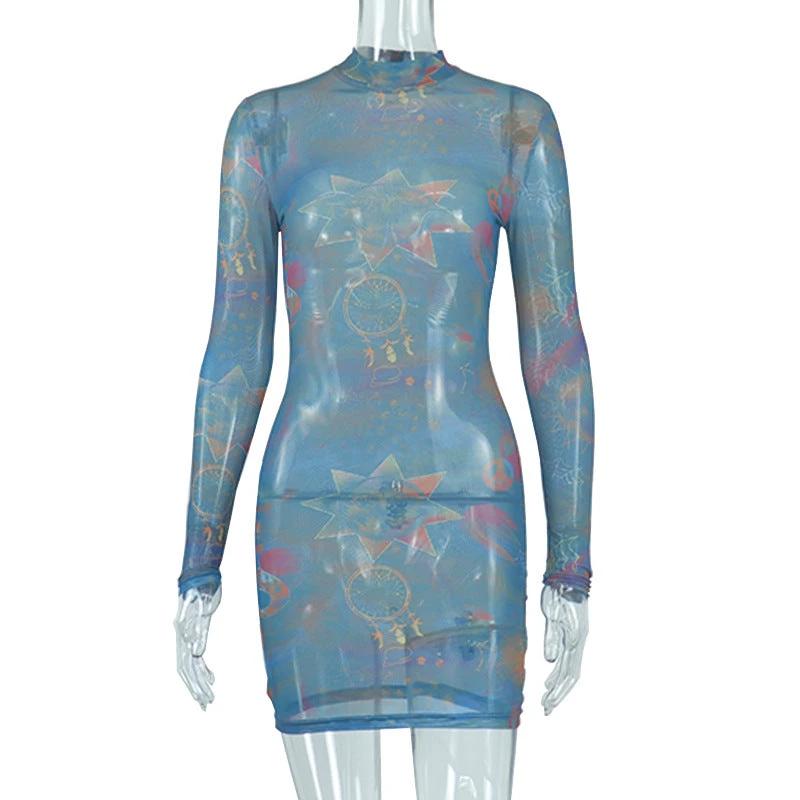 Fashion Round Neck Gauze Perspective Long Sleeve Slim Wrap Hip Dress by GJG Denim