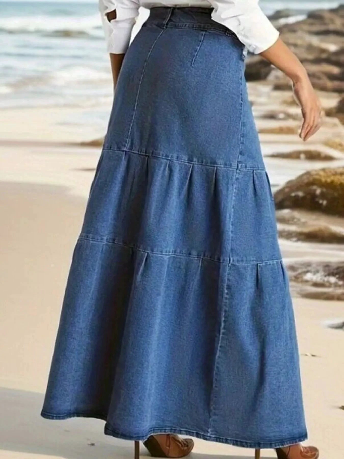 Tiered Maxi Denim Skirt with Zipper Detail by Lady Ros