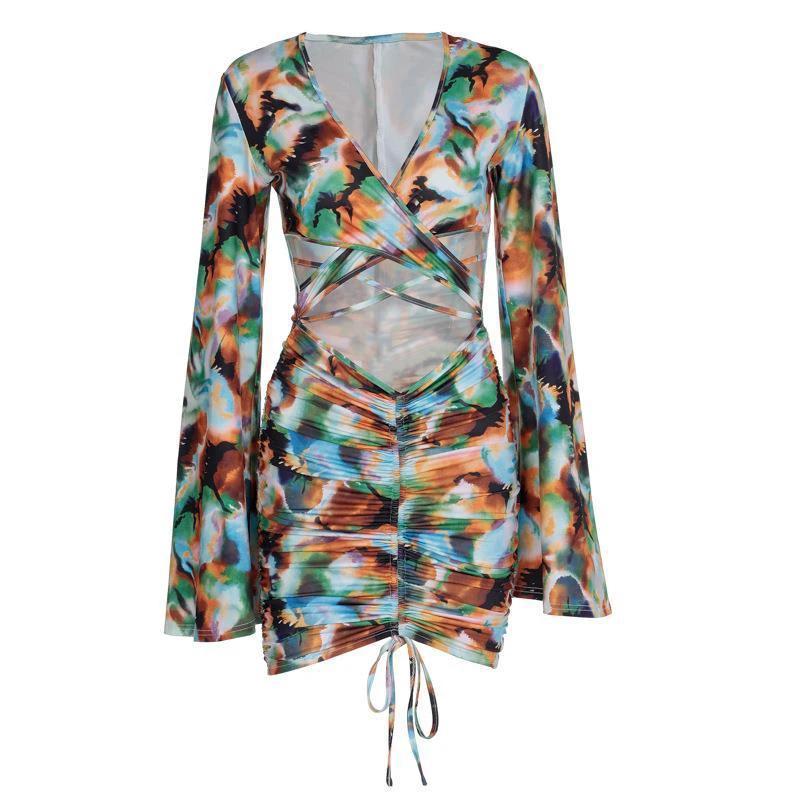 Women's Printed V-Neck Tie Long Sleeve Drawstring Hip Wrap Dress by GJG Denim