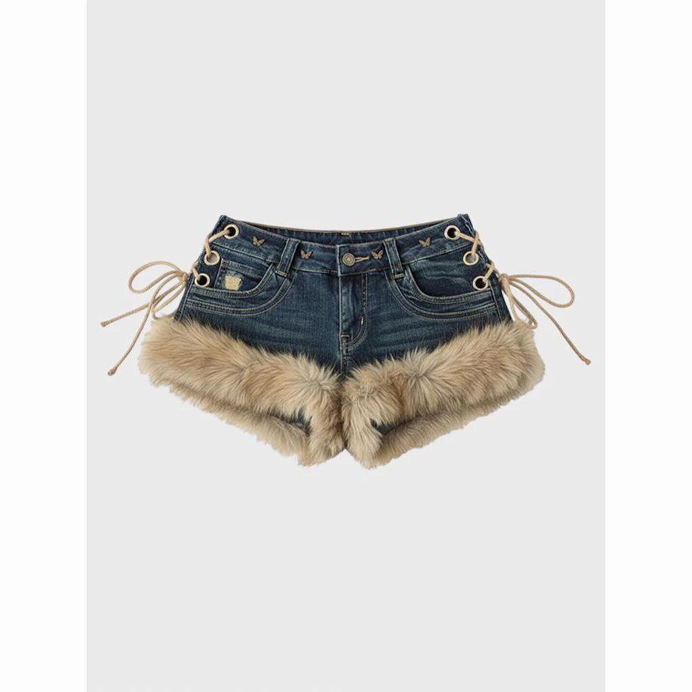 Womens Stylish Furry Patchwork Micro Shorts by GJG Denim