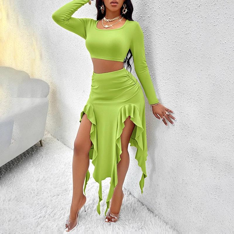 Women's Long Sleeve Round Neck Pleated Dress Suit - Solid Color Elegant Ruffle Outfit by GJG Denim
