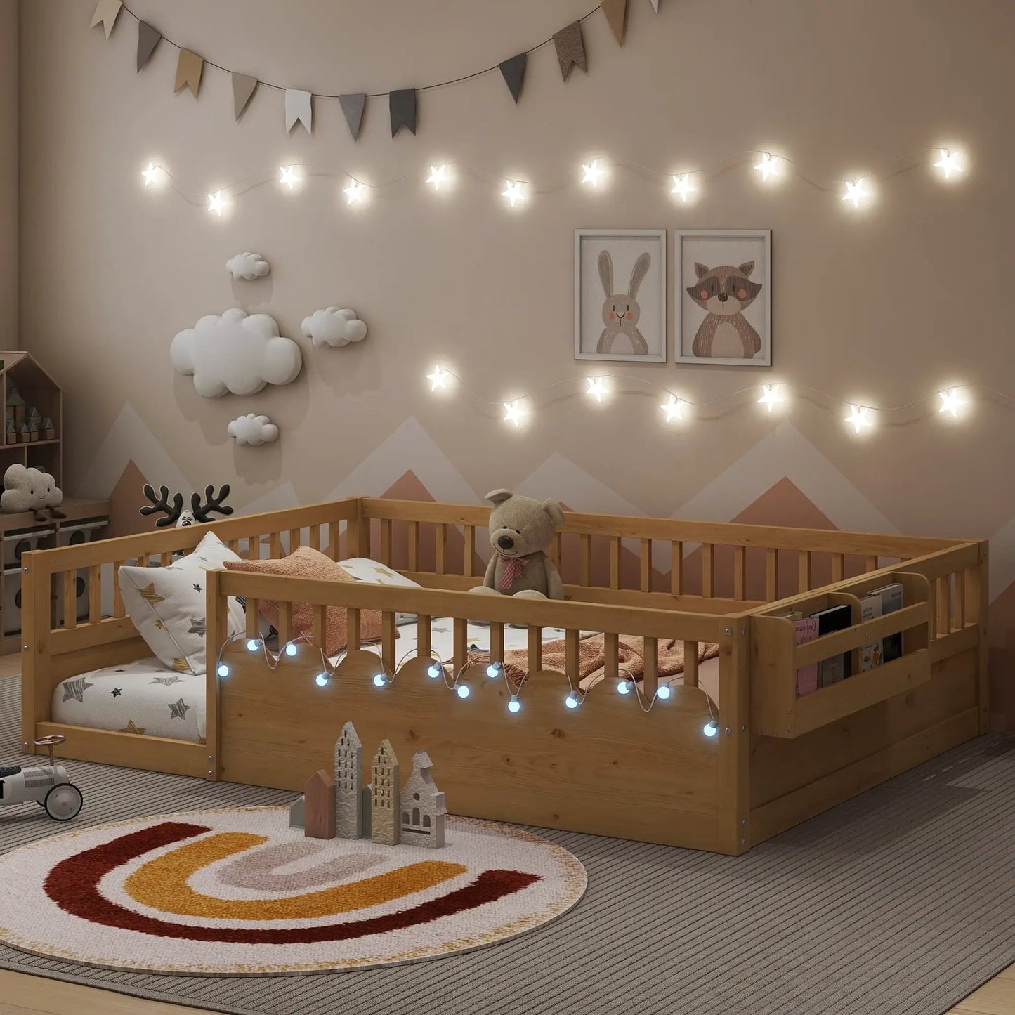 Full Montessori Floor Bed Frame With High Rails, Wood Kids Floor Beds With Light And Storage Shelf, Natural by GJG Denim