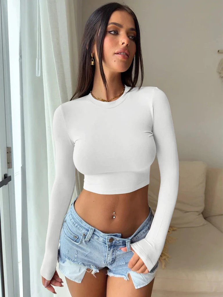 Slim Long Sleeve T-shirt Y2K Fashion Bottoming Short Top Womens Clothing by GJG Denim