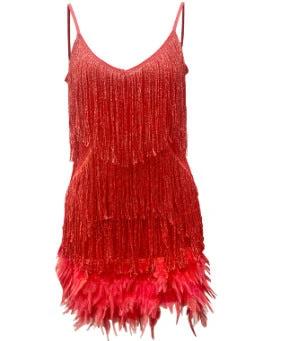 Sexy Tassel Sequins Feather Summer Mini Dress Women V Neck Spaghetti Strap Stitching Dresses Female Elegant Evening Party Club Dress by GJG Denim