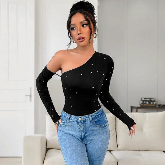 New Fashion Slim Hot Girl Diamond Off-shoulder Long Sleeve Jumpsuit by GJG Denim