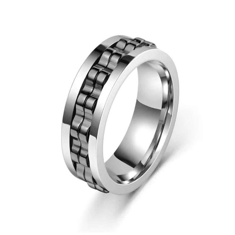 Men's Titanium Spinner Square Texture Polished Stainless Steel Gear Rotating Anxiety Fidget Rings by GJG Denim