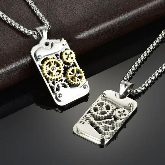 Men's Titanium Steel Transports Mechanical Gear Pendant Necklace by GJG Denim