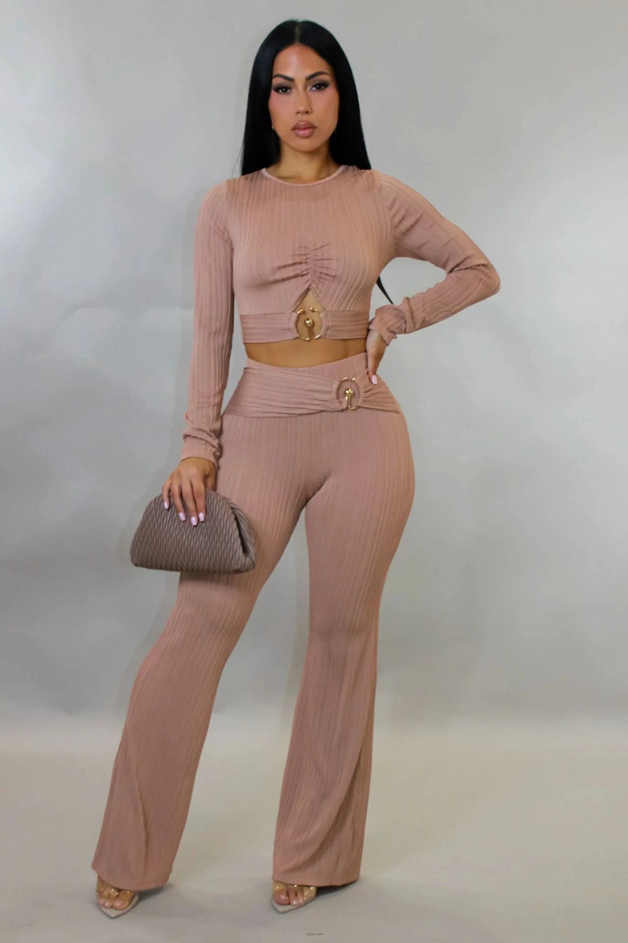 Women's Slim-fit Sexy Hollow-out Top And Flared Pants Two-piece Set by GJG Denim