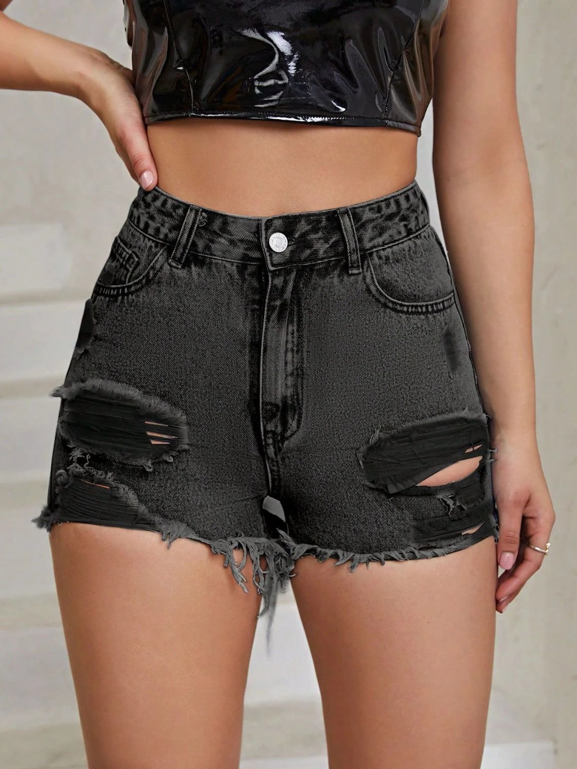 Distressed Raw Hem High Rise Denim Shorts by Lady Ros