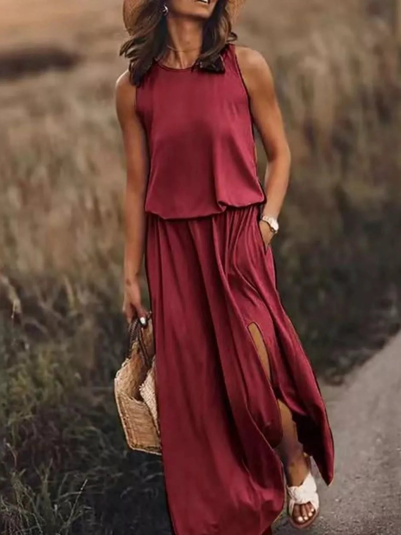 Full Size Round Neck Sleeveless Slit Maxi Dress Plus Size by Lady Ros