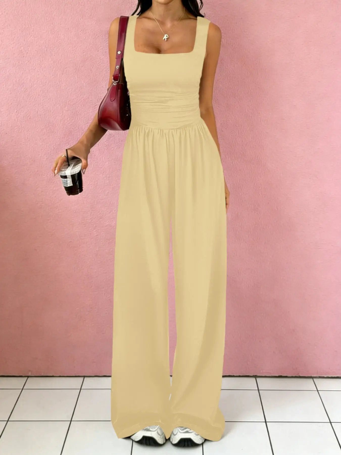 Solid-Color Sexy Tank Top Casual Wide-Leg Pants Two-Piece Set by GJG Denim