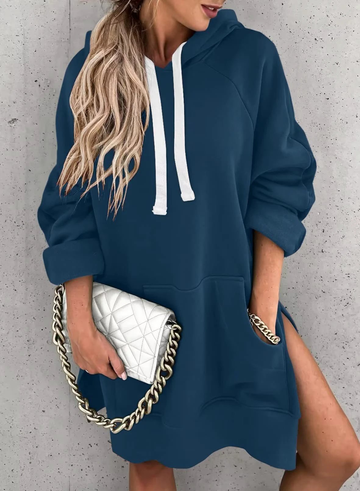 Women's Solid Color Hooded Mid-length Sweater by GJG Denim