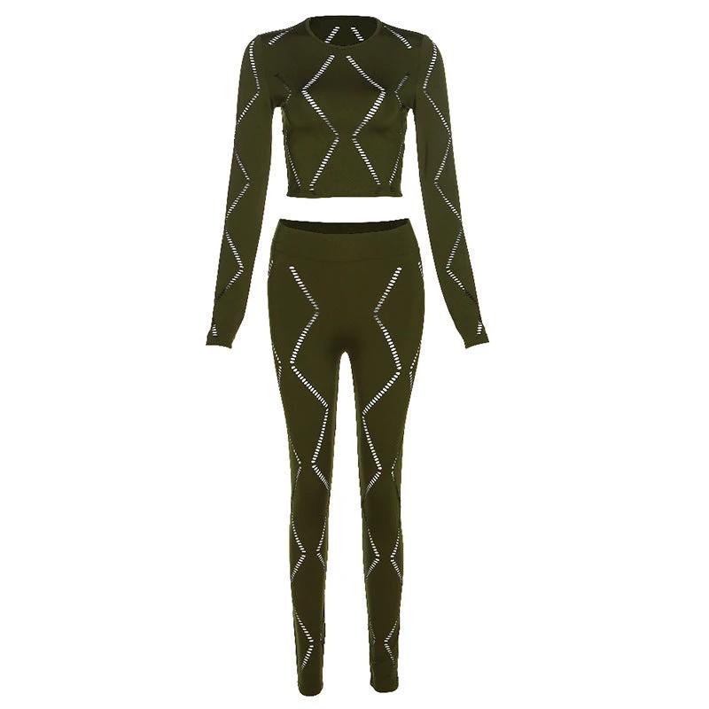 Women's Hollow-out Ripped High Waist Tight Pants Casual Sports Suit by GJG Denim