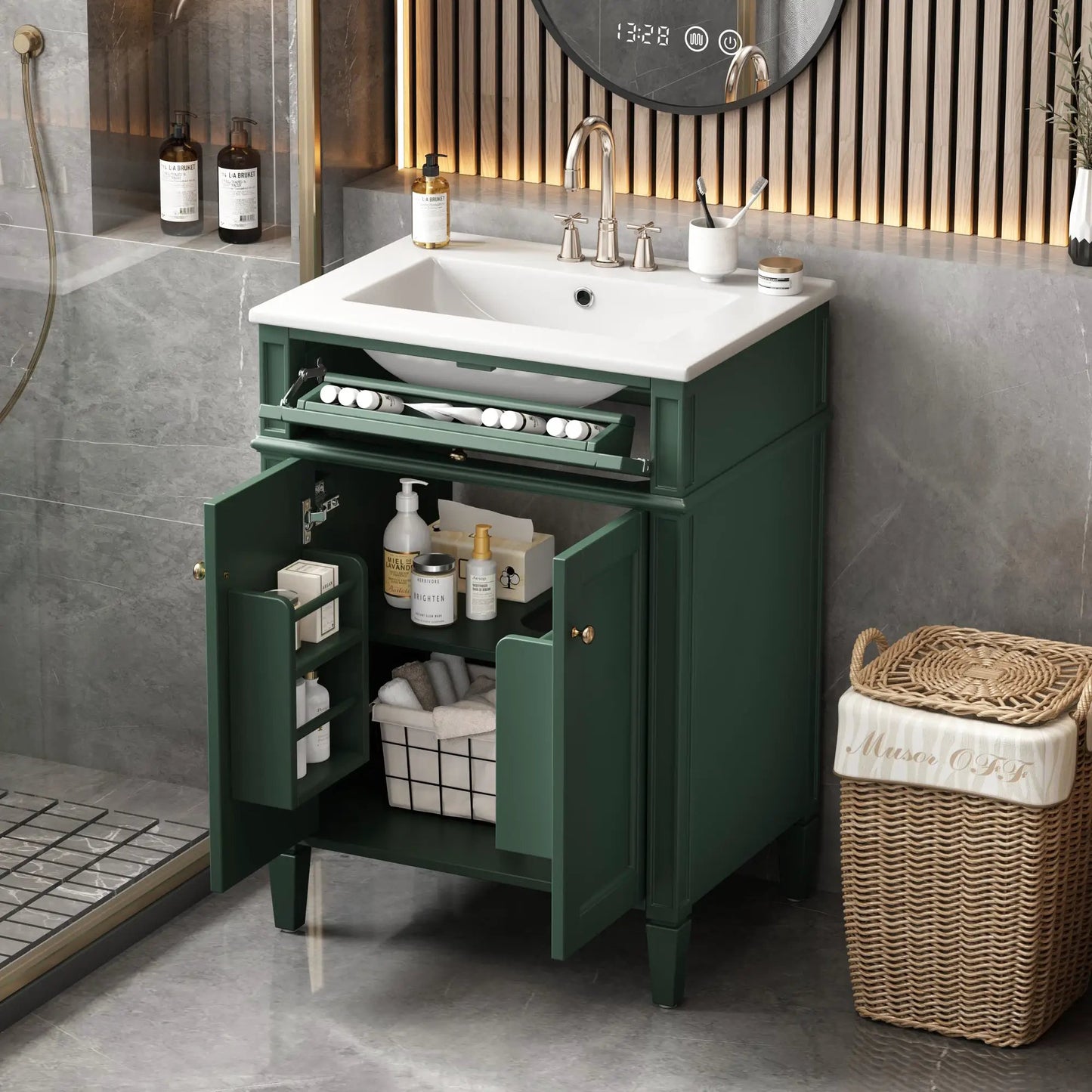 Bathroom Vanity With 2 Doors And Tip-Out Drawer, Bathroom Storage Cabinet With Sink, Soft-Closing Doors With Organizers by GJG Denim