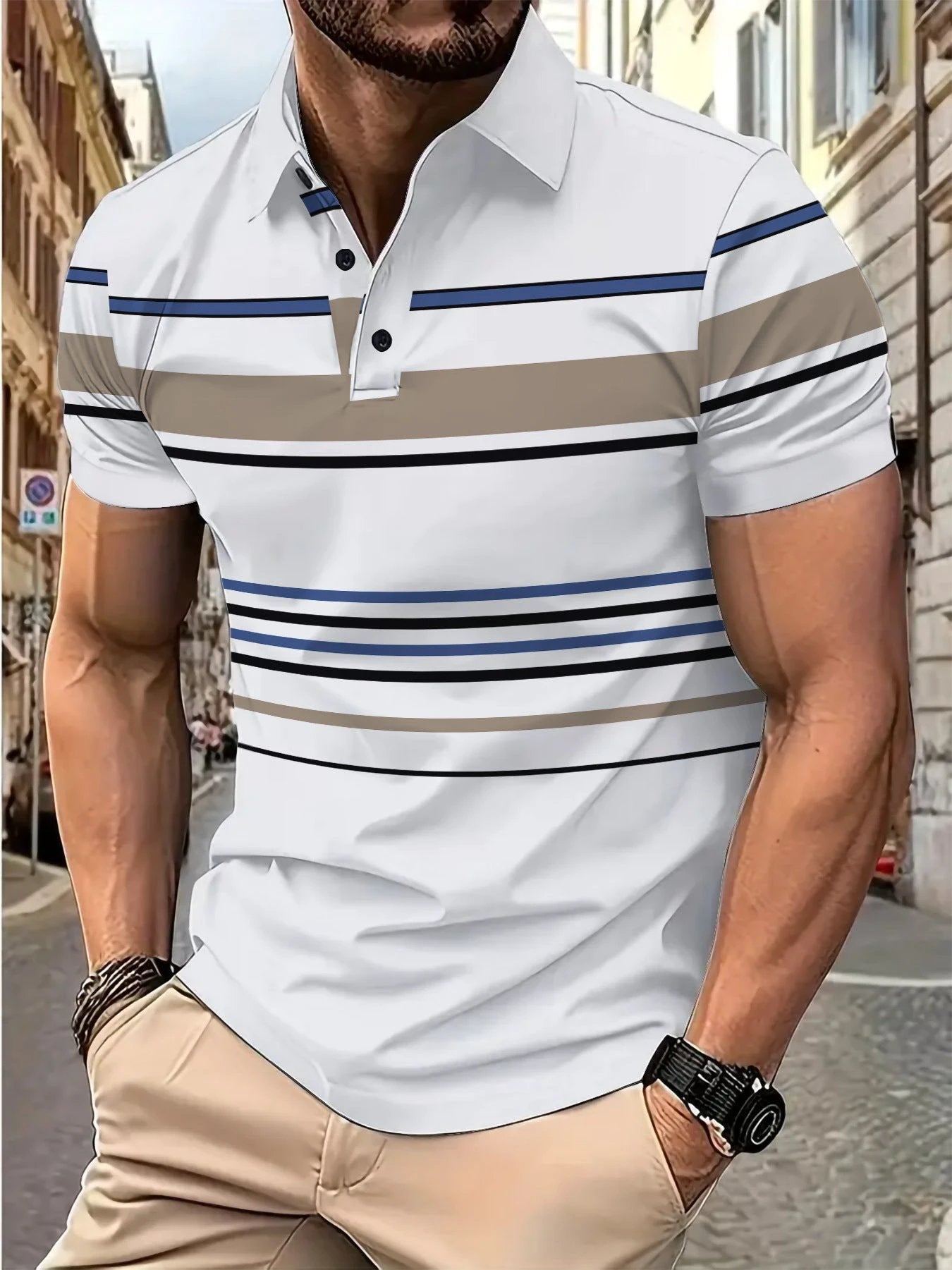 Men's Striped Short Sleeve Summer Business Casual Loose T-shirt by GJG Denim