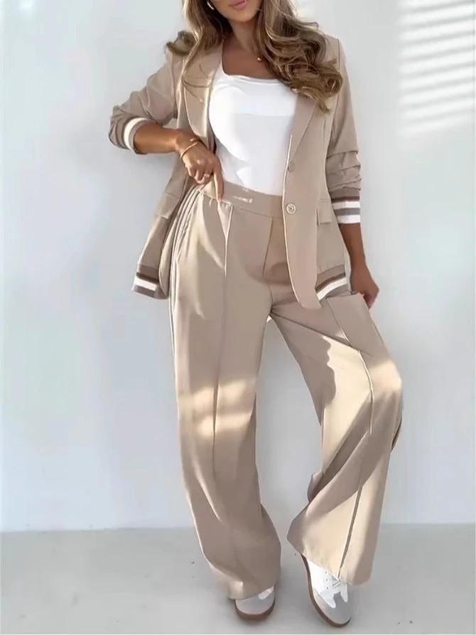 2 Pcs Set Women Suit Coat Pants Suit Lapel Long Sleeves Lady Jacket Wide Leg High Waist Trousers Female Commuting Office Outfit by GJG Denim
