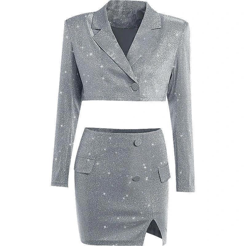 V-neck Long Sleeve Shiny Top Skirt Two-piece Suit by GJG Denim