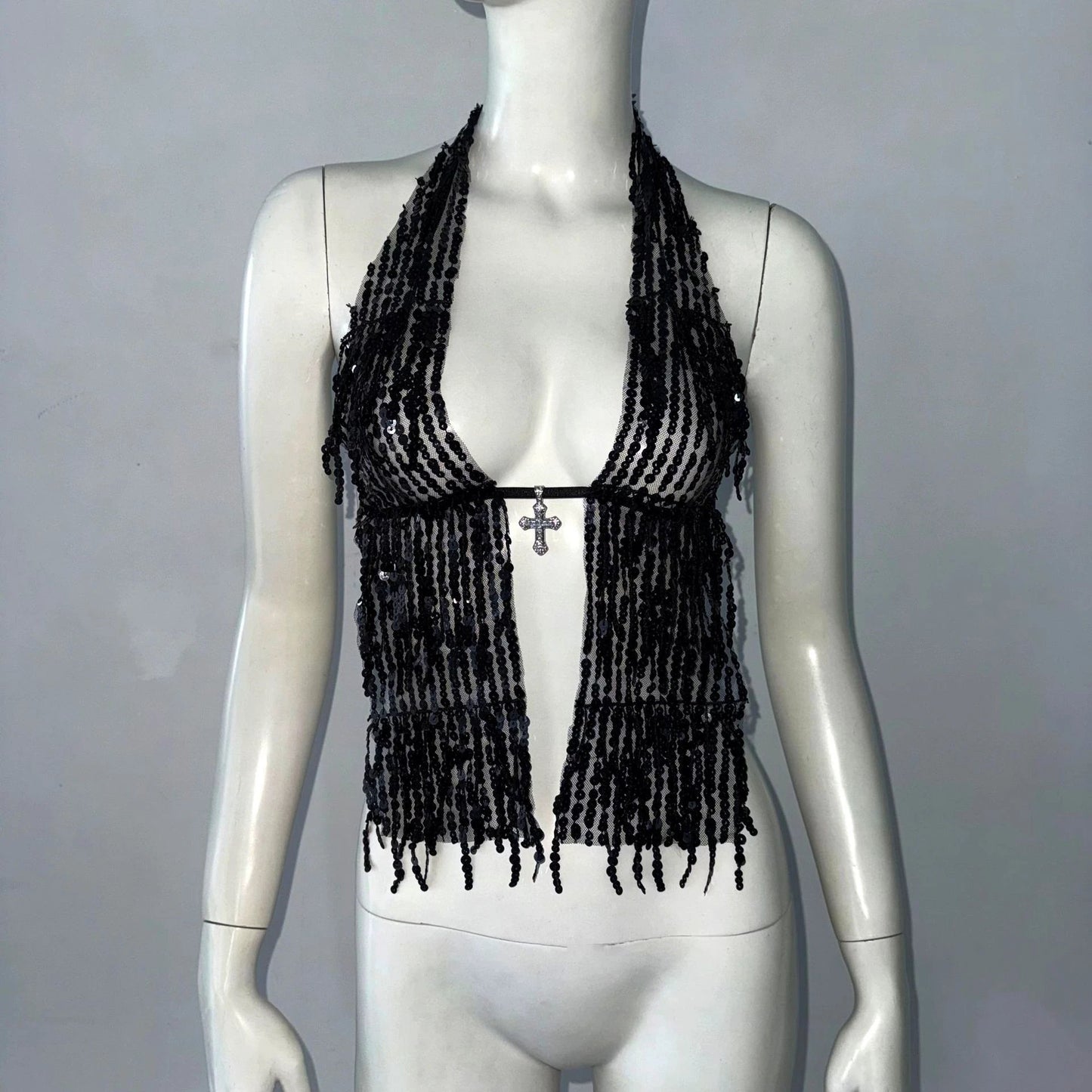 Halterneck With Suspenders Top Sequined Lace-up Tight Vest by GJG Denim