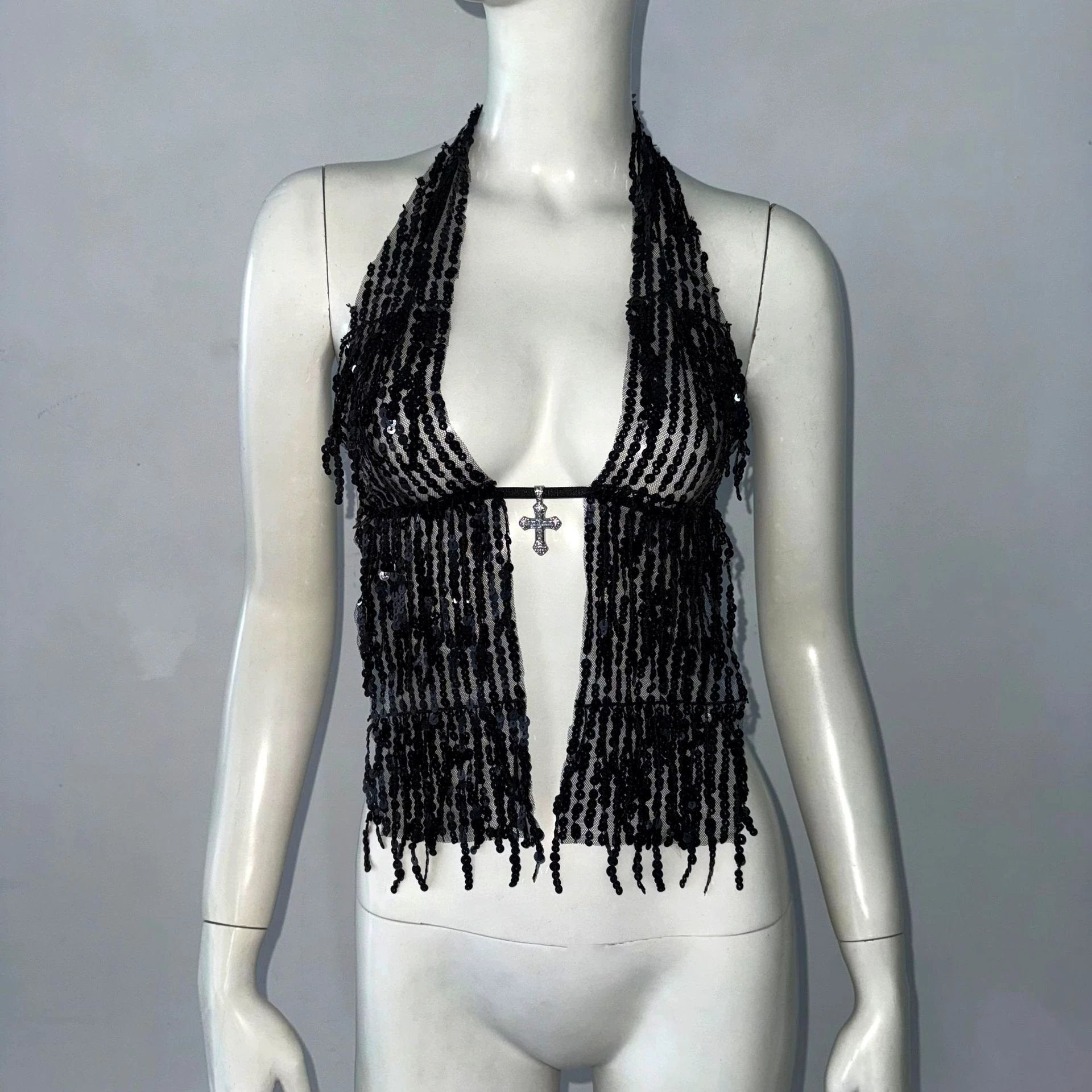 Halterneck With Suspenders Top Sequined Lace-up Tight Vest by GJG Denim