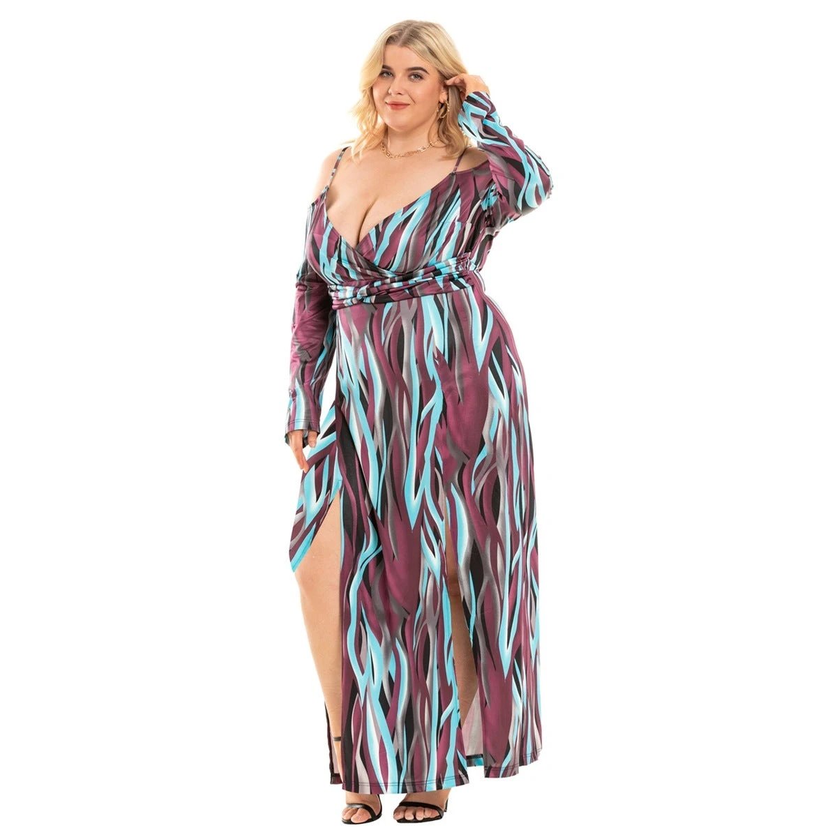 Plus Size Women's Clothing New Sexy Slit V-neck Exposed Dress by GJG Denim