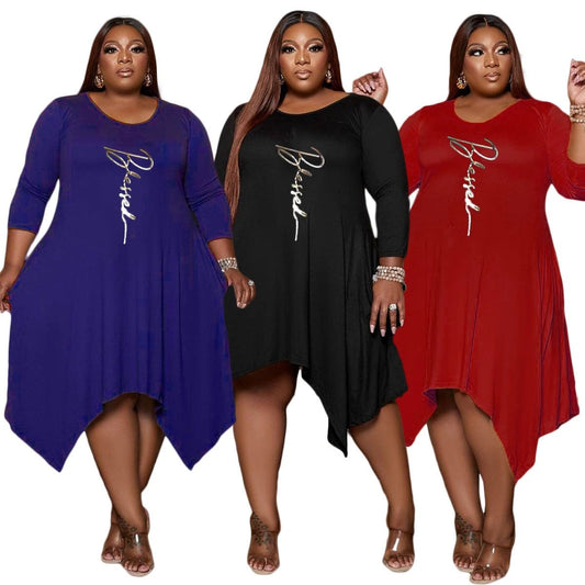 Plus Size Printed Irregular Swing Pocket Dress by GJG Denim